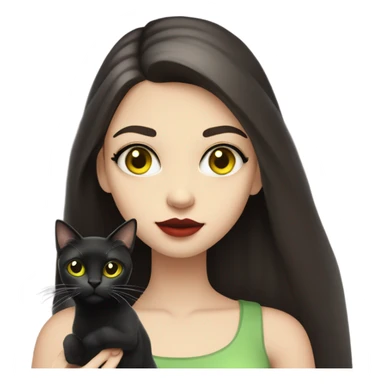 A teenage girl with white skin, she have some green hazel eyes, red lipstick, mid long straight dark brown hair, she have an eyeliner and she is holding a black cat that have some yellow eyes in her arms, view from close sticker