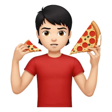generate a pretty fair bratz boy with a messy mullet (black hair), wearing a red tshirt. eating pizza. He has big biceps sticker