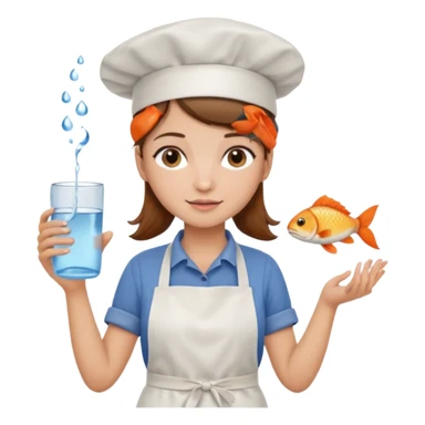 A girl with brown hair with a chef hat wearing an apron and holding a fish and a cup of water in another hand sticker