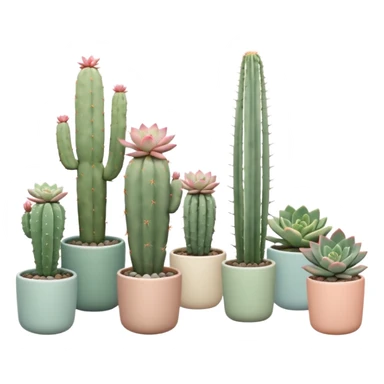 Ceramic pots in pastel colors, tall and short, cylindrical, square, and bowl-shaped, containing cereus cactus plants, hanging cacti, flowering cacti, echeveria succulents, sedum succulents, and graptopetalum succulents placed in a row on the floor sticker