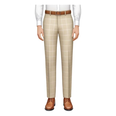 beige dress pants with distinct white grid pattern, formal trousers with clear white check pattern, cuffed hem, tailored pants with white plaid design, isolated garment only sticker