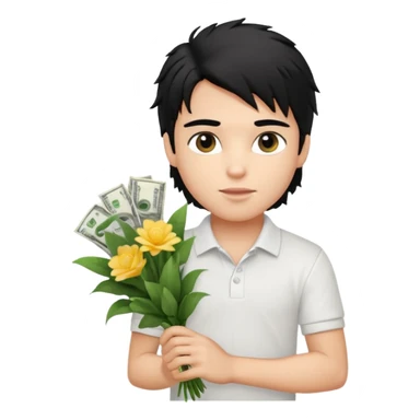 generate a pretty fair bratz boy with a messy mullet (black hair), wearing a white polo.  carrying a bouquet made of money. Fancy card behinf him sticker