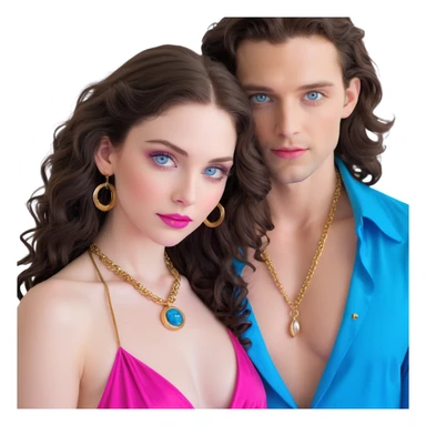 attractive couple embracing in romantic pose, woman with big blue-grey eyes, long lashes, pale skin, pink lips, long voluminous dark brown curls, gold hoop earrings, revealing silky halter top close to handsome man with intense blue-grey eyes, chiseled features, pale skin, confident smirk, dark brown styled hair, gold chain, revealing open shirt, faces close together sticker