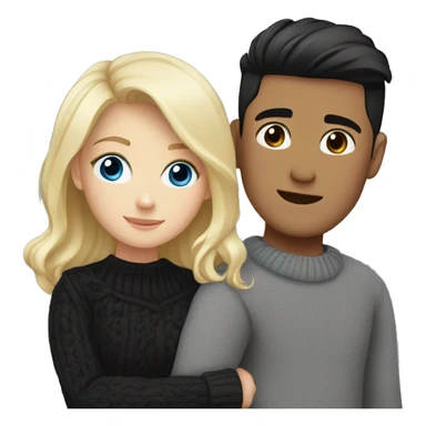 Blonde girl with blue eyes in black sweater and asian man with black hair and black eyes hugging sticker