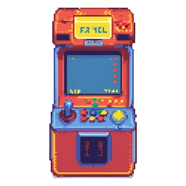 vintage arcade machine in neon-lit room, glowing pixelated fighting game on screen, vibrant red, blue, and yellow accents, classic joystick and buttons, reflective floor, dust particles, 80s nostalgia, cinematic lighting, cyber-retro mood sticker