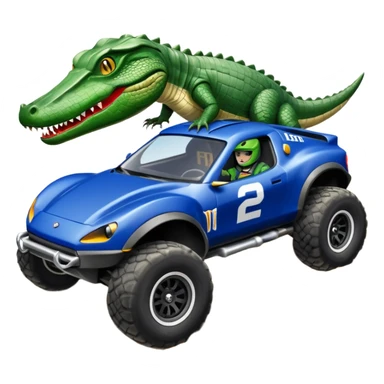 Dirty Joke’s Midnight-blue Local Motors Rally Fighter off road race car being driven by an alligator, sitting in the driver’s seat, over a dirt ramp  sticker