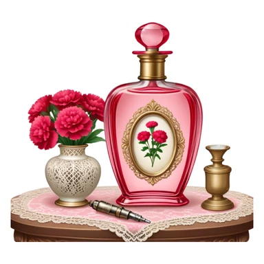 An ornate glass perfume bottle in Petal Pink with a vintage atomizer rests on an antique lace-covered table. Vibrant Strawberry Red carnations spill from a porcelain vase nearby, their fragrance mingling with the soft floral scent of the perfume.  sticker