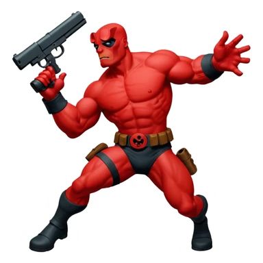 cinematic realistic superhero Hellboy by Mike Mignola jumps and shoots sticker