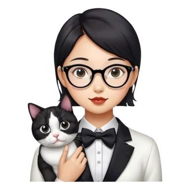 asian girl with glasses holding a tuxedo cat with a black spot on chin sticker
