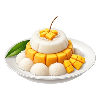 cinematic-realistic-mango-sticky-rice-dessert-emoji,-showcasing-sweet-sticky-rice out of a mould-paired-with-ripe-mango-slices-and-coconut-milk-rendered-with-lifelike-detail-and-warm,-inviting-lighting with the coconut  milk over the rice sticker