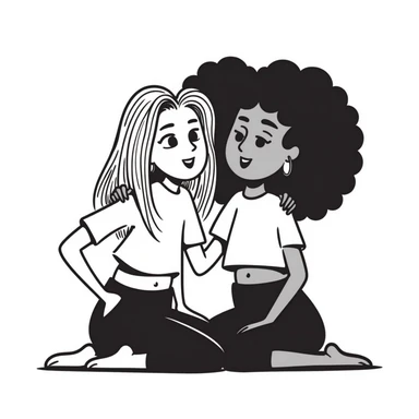 Full body of two teenage girls sitting together as friends, one white with straight blonde hair and one brown-skinned with curly black hair, both with heavy makeup, big lips, tight crop tops, hoop earrings, choni style urban clothing sticker