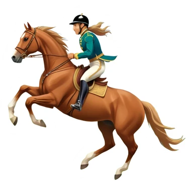 An icon showcasing a majestic horse and rider in full gallop across a lush green field. The background features a clear sky, distant mountains, and a vibrant landscape. The rider wears traditional gear, while the horse leaps with grace and power. Transparent background sticker