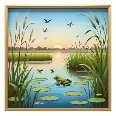 Cinematic Realistic Wetlands Emoji in a wooden frame, Peaceful and serene, with tall grasses swaying in the breeze and soft, muddy waters reflecting the sky above. Small birds and insects flit among the reeds while lily pads float lazily across the surface, punctuated by the occasional croak of a frog or splash of a fish. Soft glowing outline, capturing the essence of a calm, tranquil wetland brimming with life and natural beauty. sticker