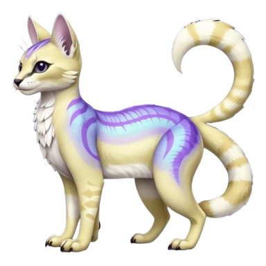 banana-cream-colored, tropical tribal glorious iridescent divine exotic cute cool beautiful beautiful fantasy-caracal-civet-genet-sergal-vernid-Gryphon-Cacomistle-Trico-oncilla-animal-Fakémon-hybrid-fursona (full body) with light slight indigo-violet-gradients accents  sticker