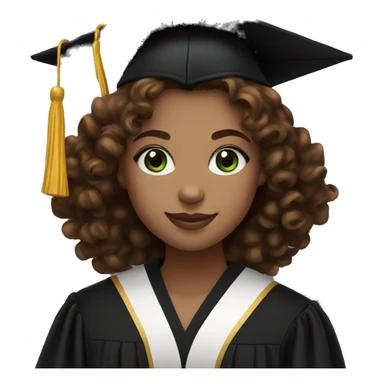 girl with green eyes and brown curly hair ,smiling, wearing a black midi dress,black heels and graduation hat and robe  sticker