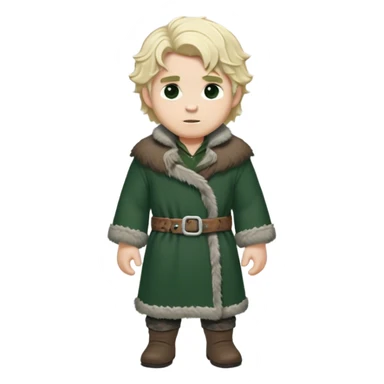 Medieval winter outfit worn by a DnD themed fantasy male character. Double-layered forest green wool tunic with bear fur lining, decorated with pewter toggle closures and a thick woven belt. Clothes only above the waist, full waist coverage. The character has no arms. Character is white-skinned with pale blonde hair, steel gray eyes, and medium-length wavy hair with frost-tipped ends sticker