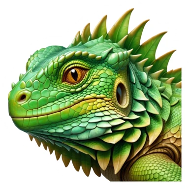 Cinematic Realistic Noble Iguana Portrait Emoji, Poised and commanding, with a robust, elongated body covered in intricately detailed, rough scales in vibrant shades of green with earthy brown accents, and a sharply defined head with piercing amber eyes, rendered with lifelike texture and natural light that accentuates every scale, high shine, intelligent and formidable, styled with an air of tropical authority, focused and attentive, soft glowing outline, capturing the essence of a watchful and confident iguana that appears ready to bask in the sun with effortless grace! sticker