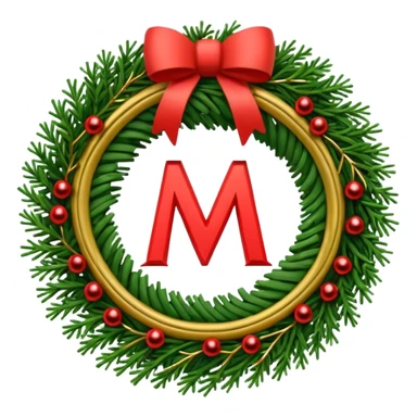 3D emoii of the iconic Moscow Metro "M" logo, reimagined as a Christmas wreath. Made of green pine needles, decorated with small red ornaments and glowing golden LED sticker
