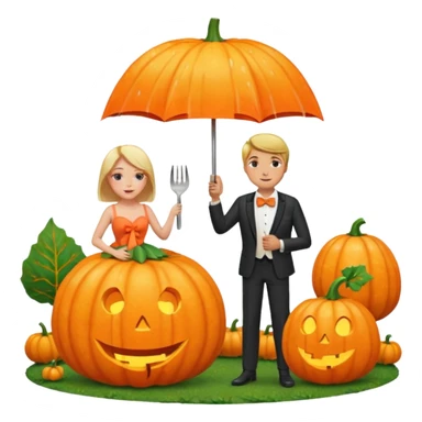 Make a guy hugging a giant pumpkin with a fork in his right hand while there's fire while there's a lady watching while it's raining while there's an umbrella on the ground that's alive and the sun has a bow tie on his neck sticker
