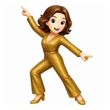 Make the woman do the exact pose of the 🕺🏻 emoji (one arm up, one arm out, one leg bent), keep white skin, brown hair, sparkly jumpsuit, emoji style sticker