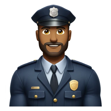 A muscular handsome bodybuilder wearing full police uniform with beard sticker