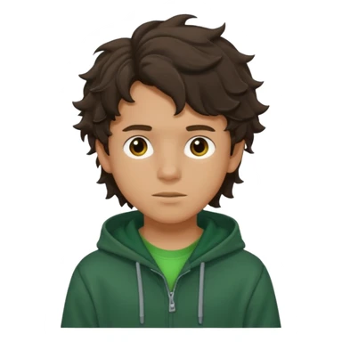 a 14 year old slightly tanned teenage boy with dark brown tousled wavy hair, wearing a green tshirt, with a dark green hoodie overcoat sticker