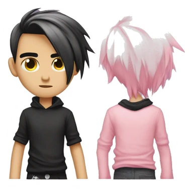 Create an emoji of an emo guy with split-dyed hair—one side pastel pink and the other side black. The hair should have a slightly messy, choppy texture, and the character should have a subtle, sad expression, wearing dark clothing typical of emo fashion sticker