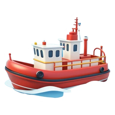 A 3D cartoon tugboat towing another boat on calm blue water, soft waves, clear sky, Memoji-style. sticker