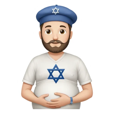 Pregnant Jewish man facing left with hands on belly, wearing a kippah and Star of David necklace, with facial hair sticker