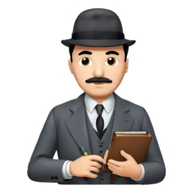 A cinematic-style frame showing Hercule Poirot in his iconic suit with a notebook in a dramatic detective pose. Background should be mysterious city, map, a board with photos of suspects, clues like fingerprints. Transparent background. sticker
