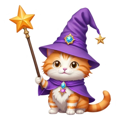 Orange cat wearing a purple wizard hat and holding a magic wand with a star at the tip sticker