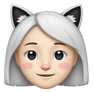 modest smile emoji with cat ears, black and write face, with right eye closed, left eye half closed sticker
