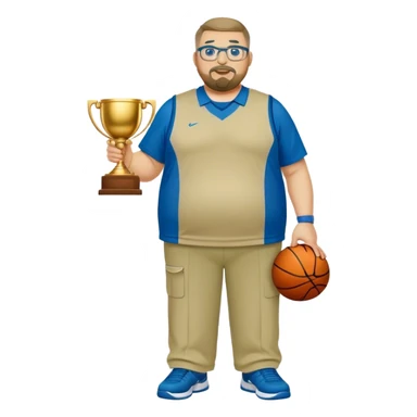 full body white obese male basketball coach with trophy. Goatee , Wearing glasses and blue and green polio and khaki pants sticker