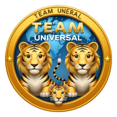 Un mundo al centro con un león a su lado izquierdo y un tigre al lado derecho y en el medio escrito "TEAM UNIVERSAL" sticker