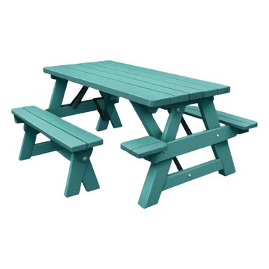 picnic table with attached benches, muted teal, straight vertical legs, small wheels, flat wood-style silhouette, minimal shading, clean geometry sticker