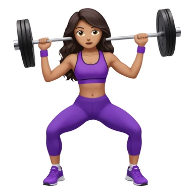 mujer de tez trigueña, con cabello castaño oscuro ondulado no muy marcado, hasta las nalgas super largo estilizado, con ropa deportiva morada/lila, tenis blancos deportivos y levantando una pesa sticker