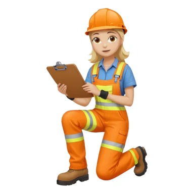 woman in orange hi vis overalls and boots holding a clipboard, kneeling sticker