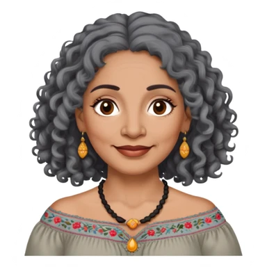 Latina woman, about 55 years old, dark warm brown skin, round soft face, long curly black and gray hair, no headband, medium eyes, thin eyebrows, gentle smile, gray peasant blouse with embroidery, bare shoulders, large dark necklace sticker
