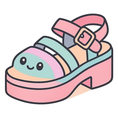 Transform these primarily black kawaii gothic shoes with pink and pastel accents, silver studs and chains, into platform sandals, no socks, no hearts, transparent background sticker