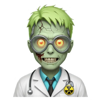 radioactive zombie scientist portrait, head and shoulders only, glowing toxic veins, cracked goggles, lab coat with radiation badge, sinister smile, 3D cartoon, mobile game icon style, clean background, no text, no watermark
 sticker