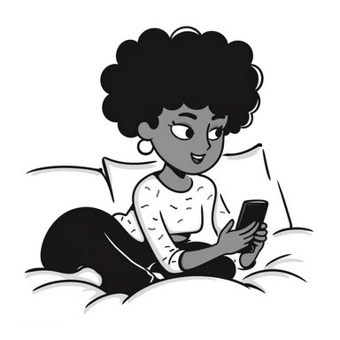 Brown-skinned teenage girl with curly black hair lying on bed looking at cellphone, heavy makeup, big lips, tight crop top, hoop earrings, choni style urban clothing sticker