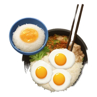traditional korean dish with rice, one egg on top and salas  sticker