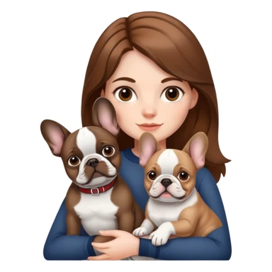 A brown haired girl holding two French bulldogs, one white and one black sticker