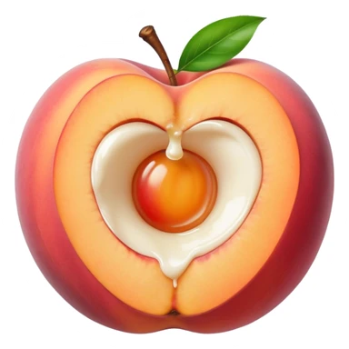 pink hole in the middle of a peach that doesnt go all the way through. milk is leaking out of the hole sticker