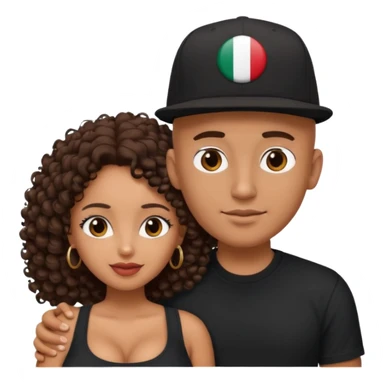 A picture of a tanned couple embracing. the guy is Mexican, with a bald hair cut and he has a SnapBack hat on. The girl is mixed, the girl is wearing a black shirt, the girl has brown curly big hair and the girl has big boobs  sticker
