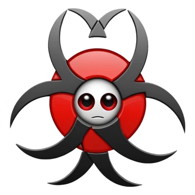 Minimalist emoji-style sticker of a fractured biohazard symbol with a small eye in the center. Stylized, geometric, no text.
 sticker