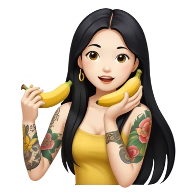 Beautiful Asian girl with long black hair and body tattoos eating a banana sfw sticker