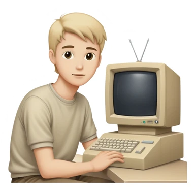 Young man sitting at a very old desktop computer from the 1990s with CRT monitor and beige tower sticker