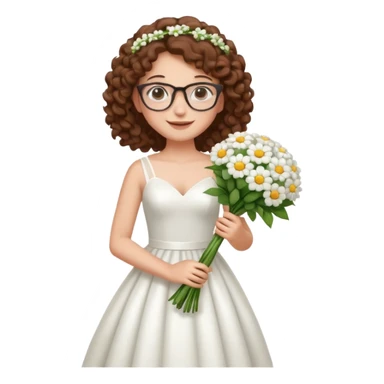 Chica blanca, pelo rizado y castaño,gafas, vestido novia, cuerpo entero, sticker