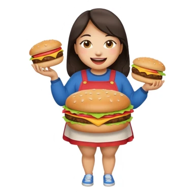 n create a humongous asian girl with 2 burgers and a cookie in her mouth, she is super fat, please make her a full body emoji sticker